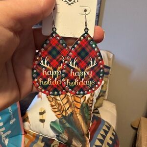 Plaid Holiday Earrings with Antler Design